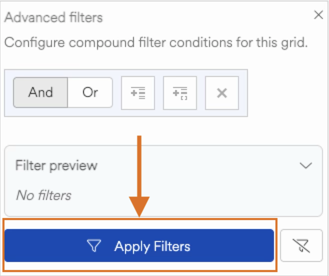 Advanced filters section with options to apply filters and preview settings.